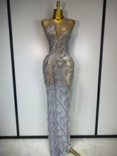 Luxury Rhinestone Sleeveless Silver Long Dress Women Sexy Mesh See Through Evening Prom Birthday Photo Shoot Singer Stage Outfit